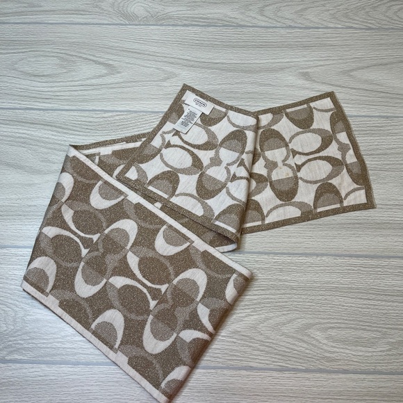 Coach Signature C Logo Tan Metallic Gold Wool Blend Scarf Wrap - Picture 7 of 8